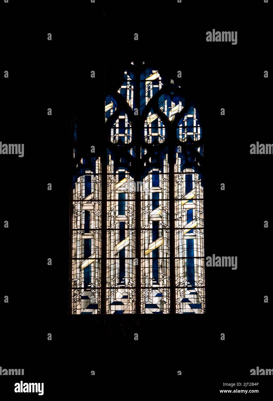 Modern stained-glass window, Cathedral of St John the Baptist (Primatial), Lyon, Rhone, Rhone-Alpes, France.  The bishop of Lyon is also the Primate o Stock Photo