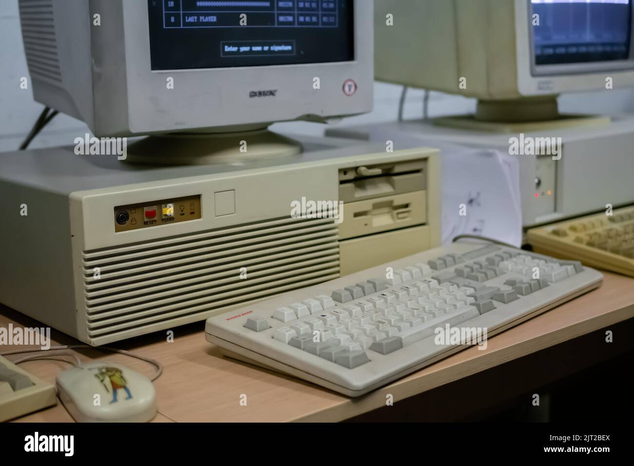 Exhibition of old desktop computers in technology museum Stock Photo