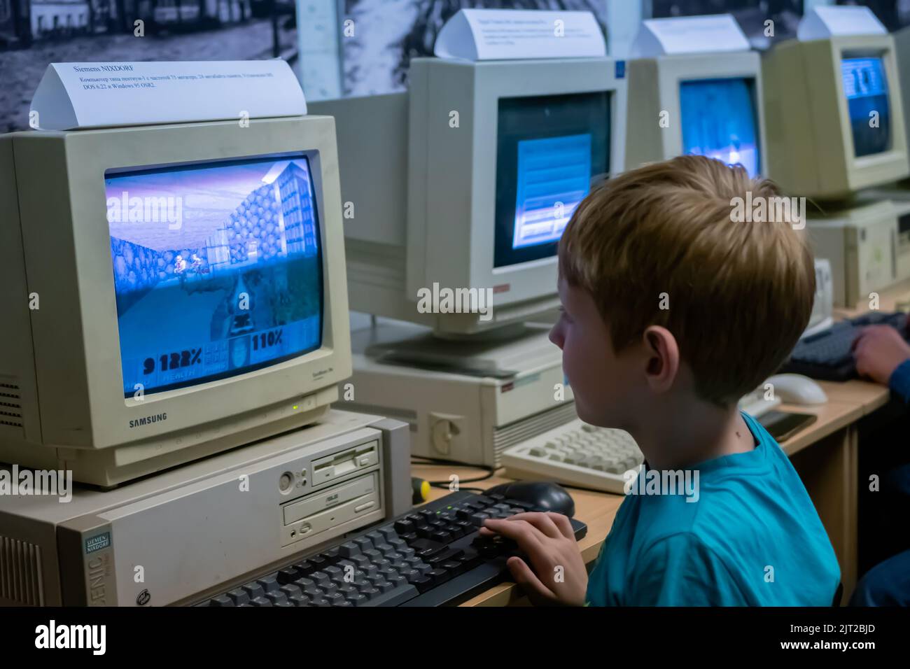 Exhibition of old desktop computers in technology museum Stock Photo