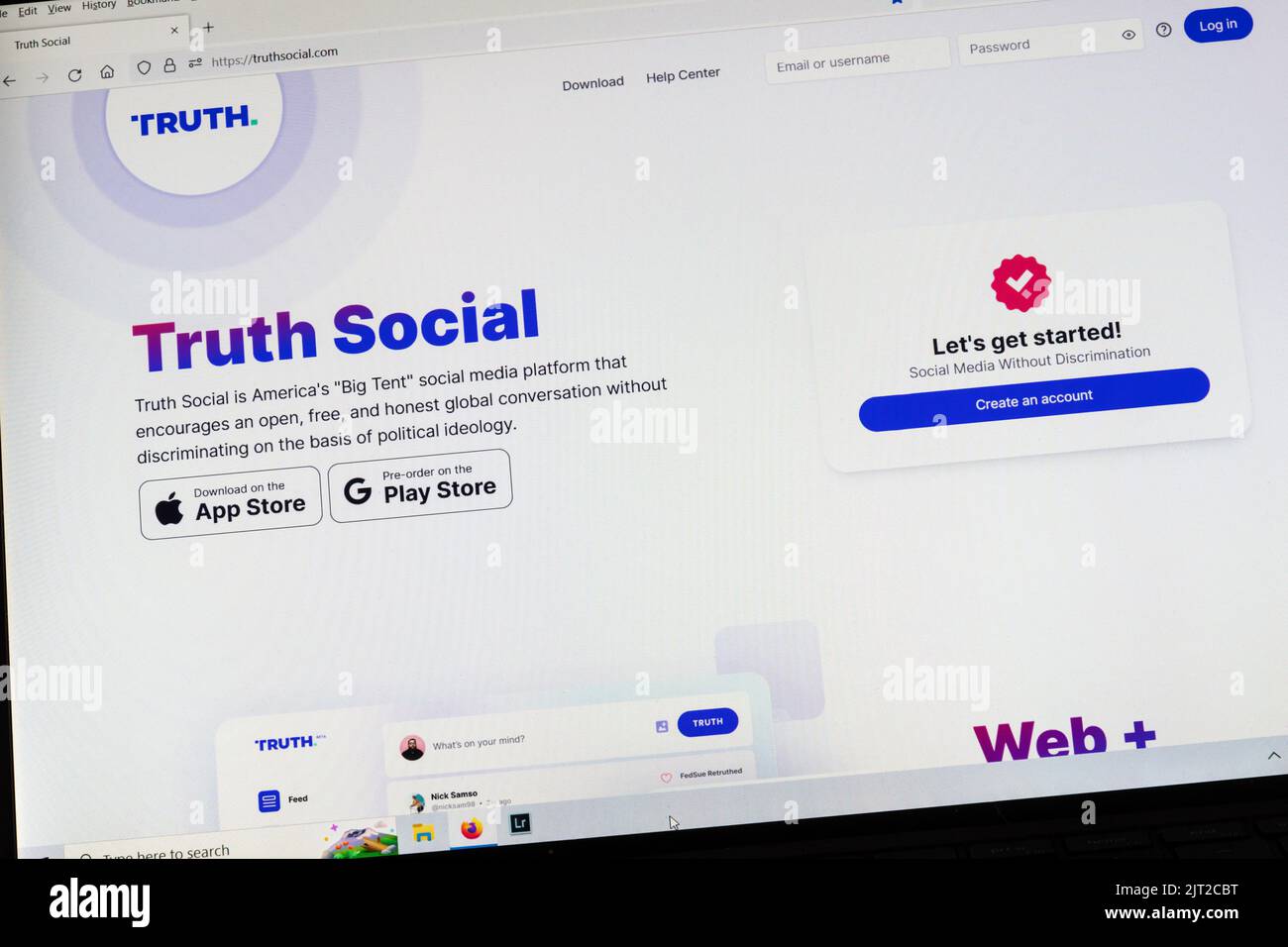 The website of Truth Social, Donald Trump's social media platform. Stock Photo