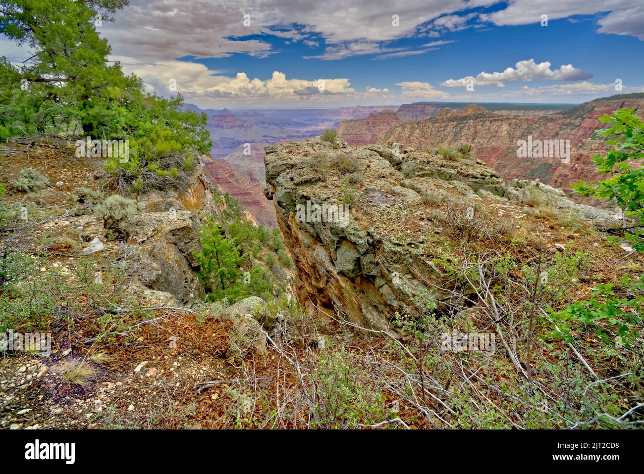 A craggy rock outcrop along the south rim of Grand Canyon Arizona east of Grandview Point during the 2022 Monsoon season. Stock Photo