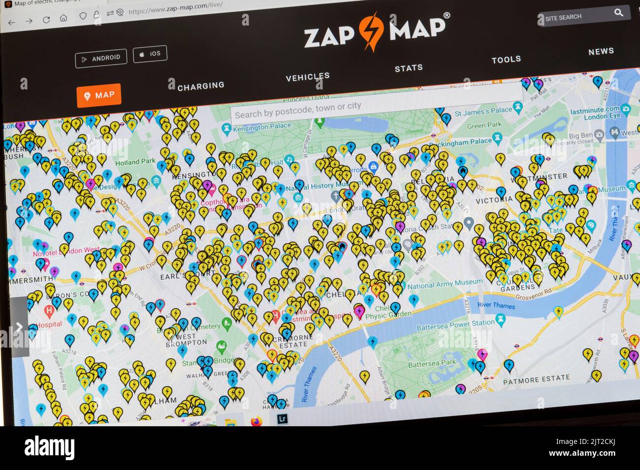 Zap Map website showing the location of EV charging points across central London. Stock Photo
