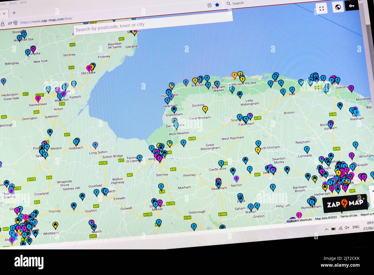 Zap Map website showing the location of EV charging points across part of Norfolk. Stock Photo