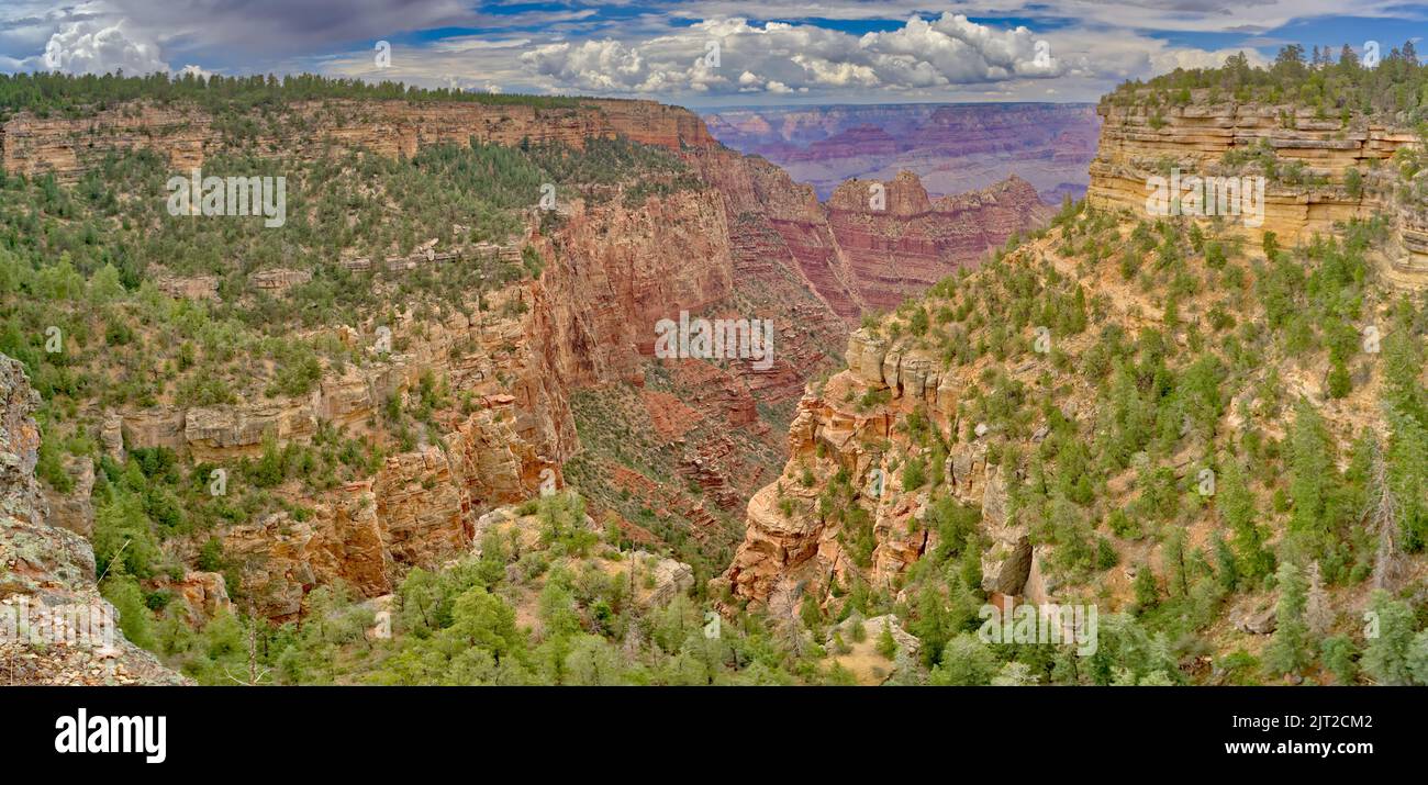A side canyon view of Grand Canyon Arizona east of Grandview Point with storm clouds in the sky during the 2022 Monsoon season. Stock Photo