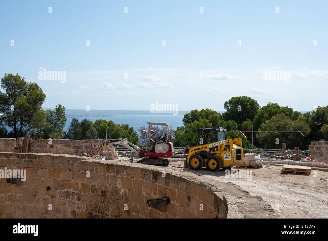 A side view of a mini excavator and a skid steer loader at the construction site near green trees Stock Photo