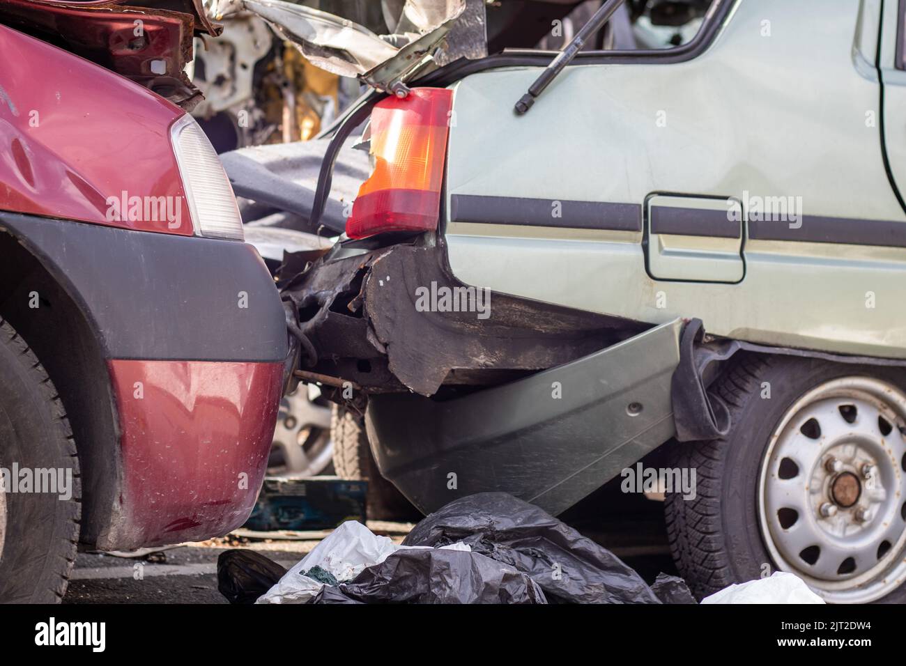 Traffic accident on the street, damaged car after a collision in the ...