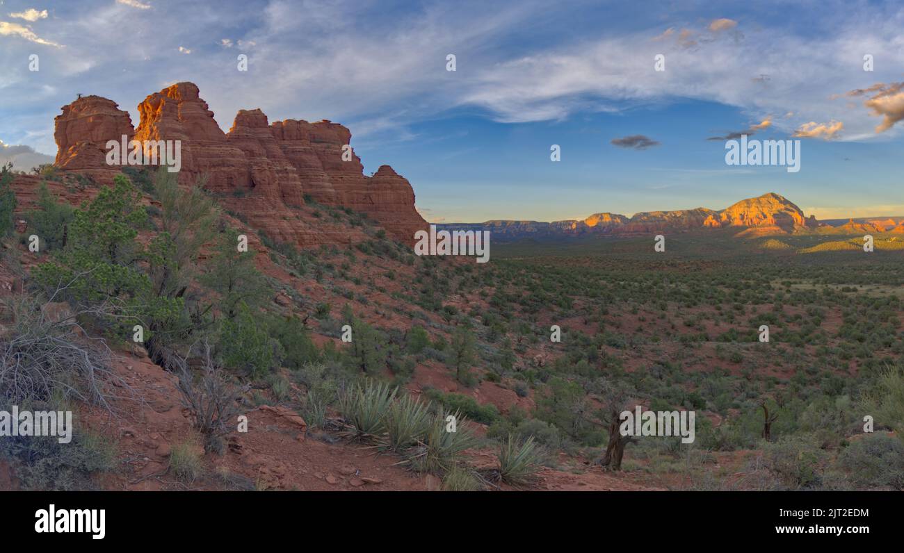 The east side of Cockscomb Butte in Sedona Arizona viewed from the Ground Control Trail near sundown. Stock Photo