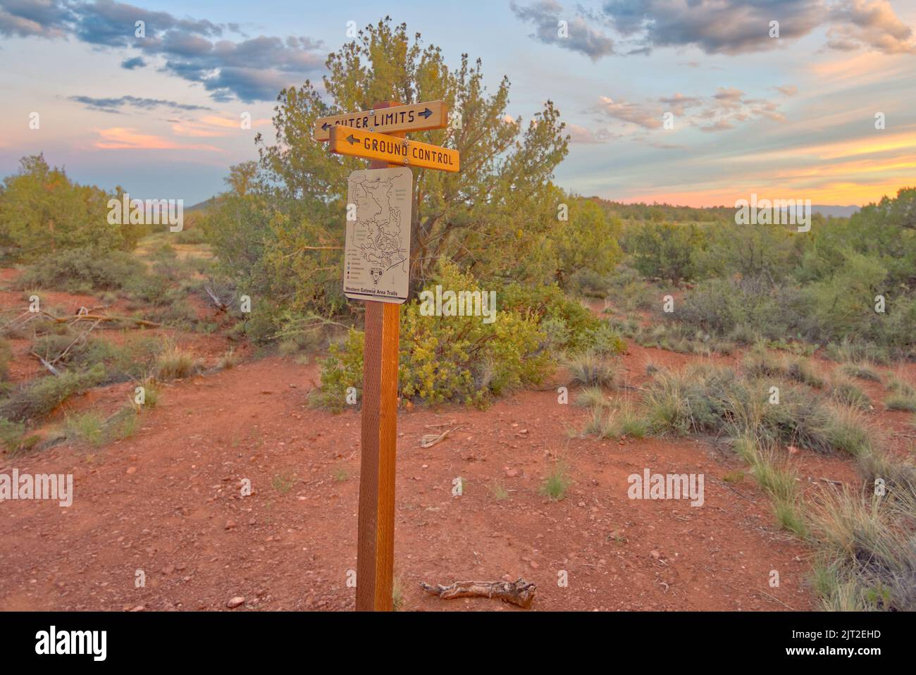 The junction of the Outer Limits Trail and the Ground Control Trail on the west side of Cockscomb Butte in Sedona Arizona. Stock Photo