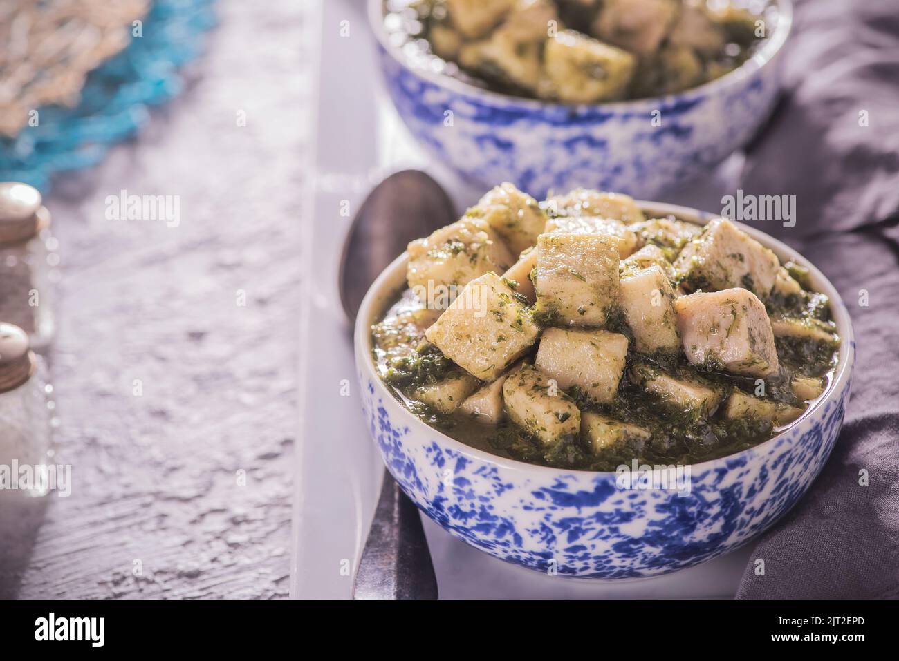 Arabic Cuisine; Egyptian traditional Colcass Stew (Taro in cilantro and chard stew). Colcass is