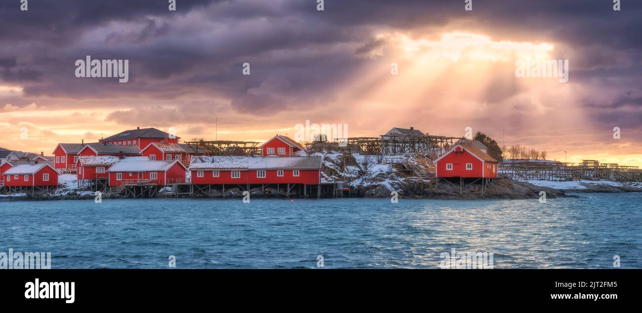 Norwegian fishing village and sea coast at sunset Stock Photo