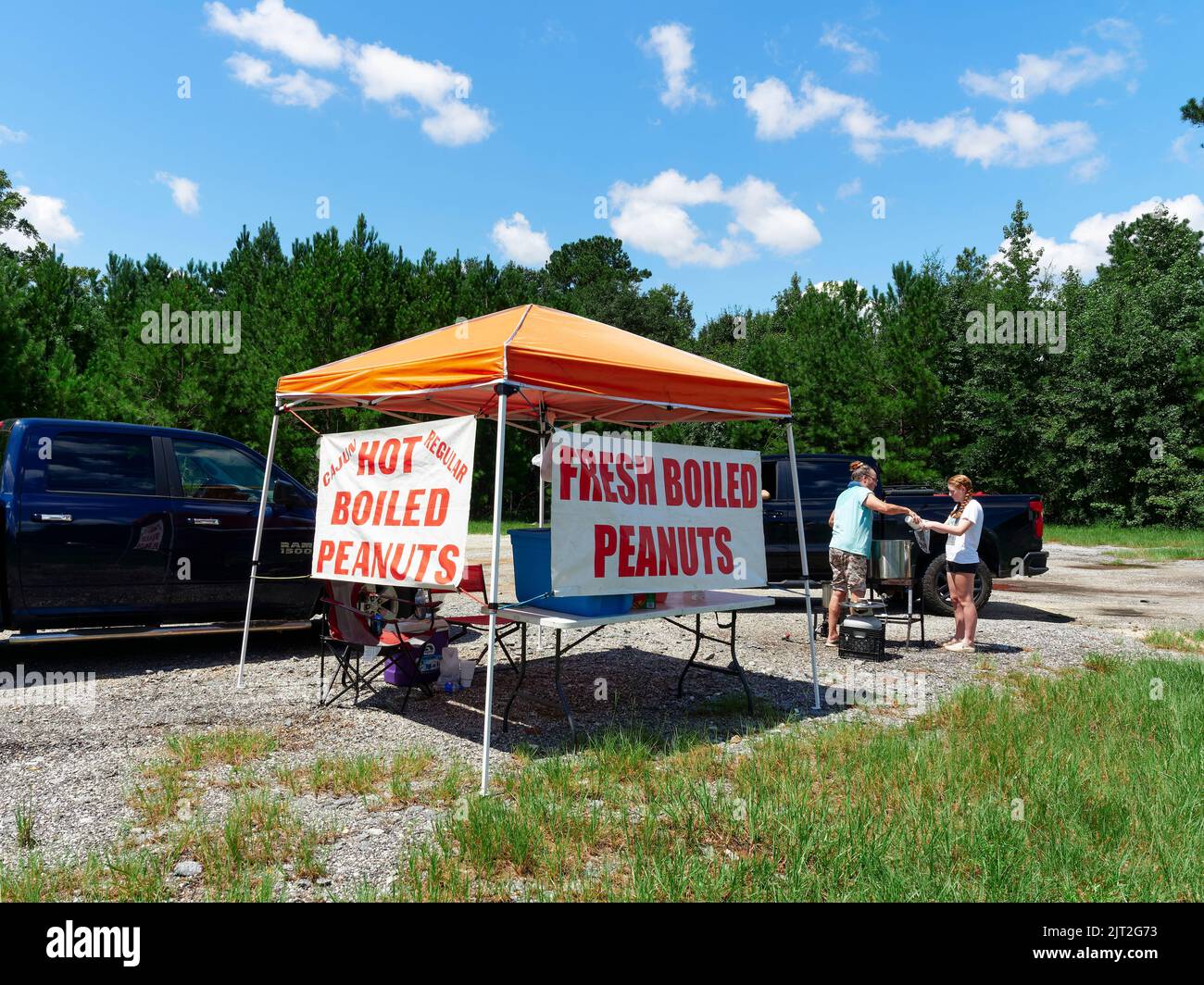 Woman and girl selling from a fresh hot boiled peanut stand, to a customer as a roadside business in Montgomery Alabama, USA. Stock Photo