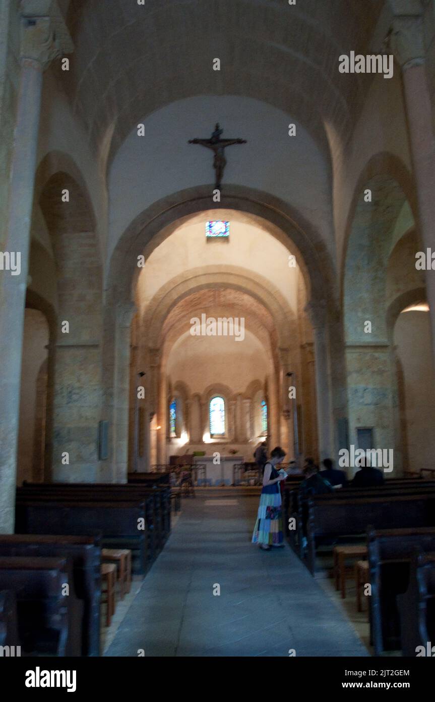 Nave, apse and altar, Iguerande Church, Iguerande, Burgandy, France.  This is one of the many Romanesque churches found north of Lyon, in Burgundy.  I Stock Photo