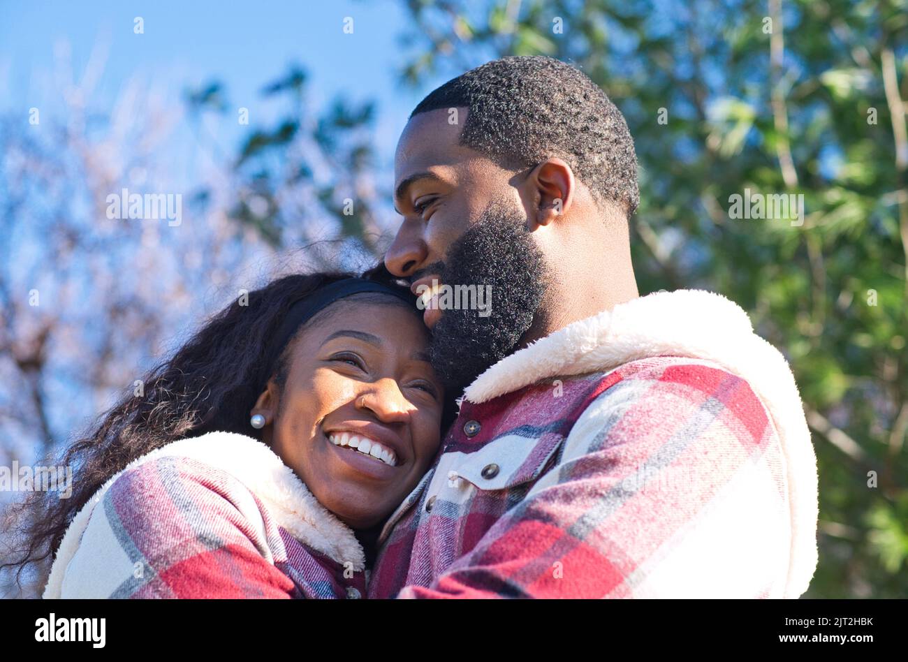 A beautiful view of African American couple hugging at Liberty State ...
