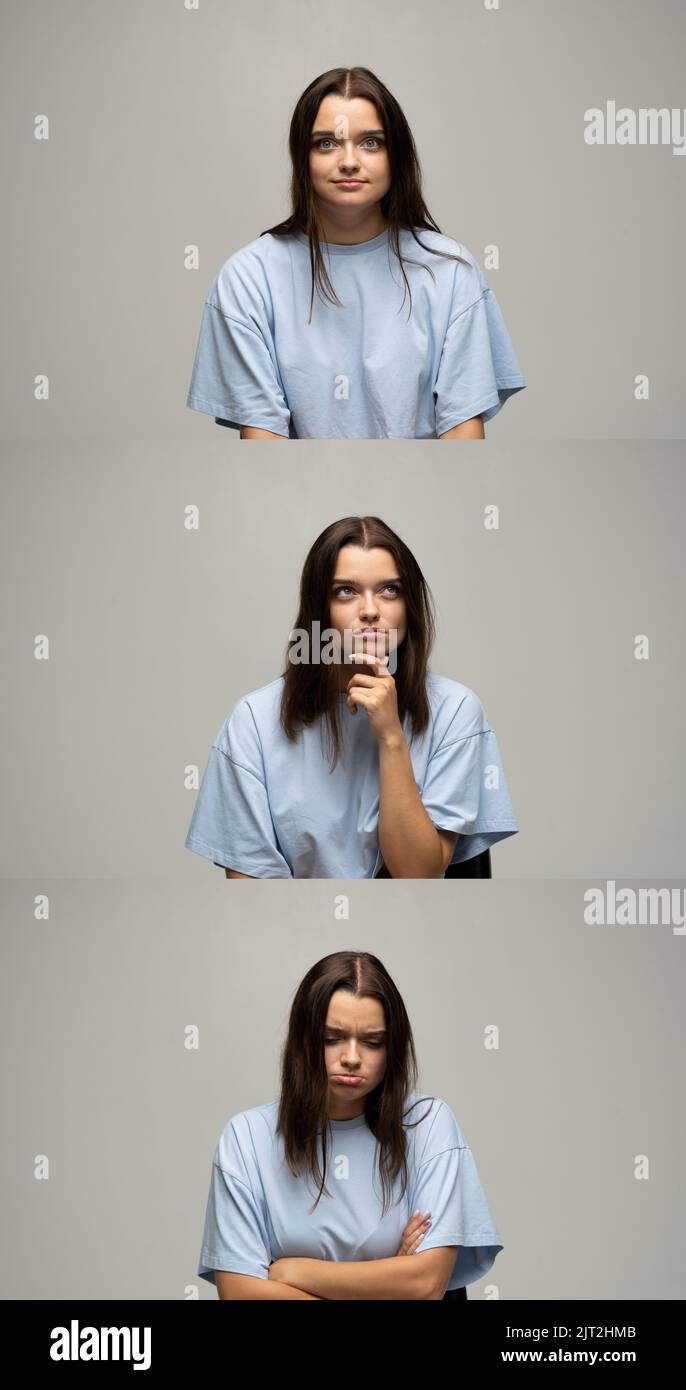 Photo collage of brunette girl's emotions composite positive and negative feelings and states. Rage, disgust, surprise, sadness, love, interest Stock Photo