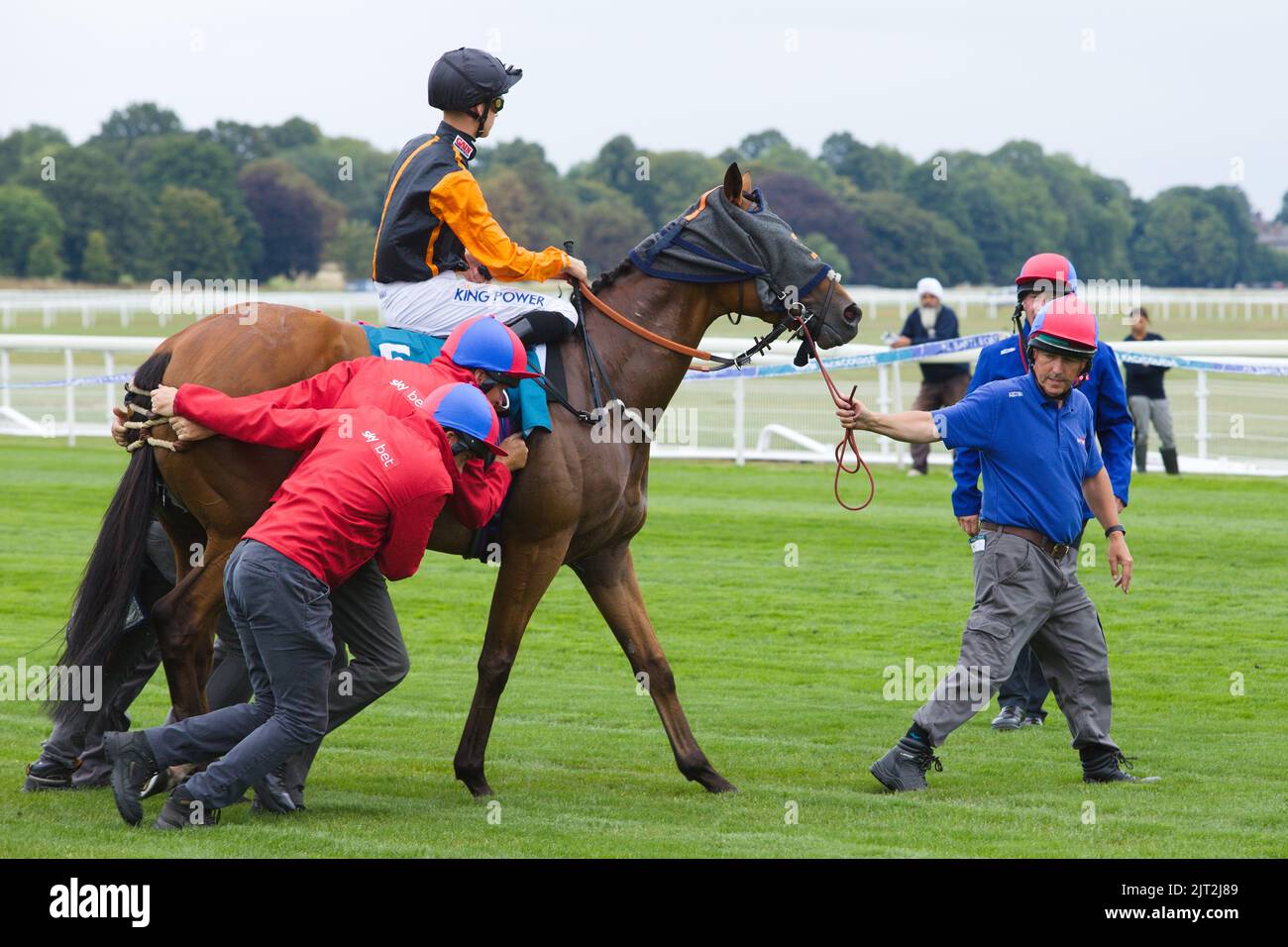 Jockey Harry Davies on a reluctant Rhoscolyn at York Races Stock Photo ...