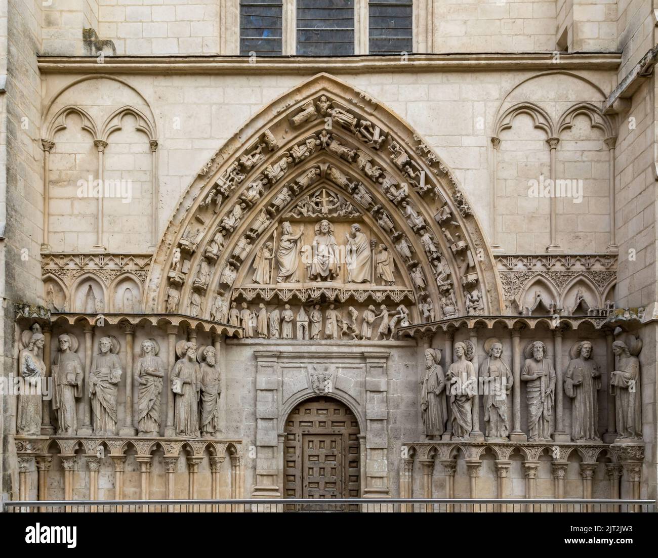 The Cathedral of Saint Mary of Burgos. Facade and Door of the Coronería o Gate of the Apostles. Burgos, Castile and Leon, Spain, Europe Stock Photo