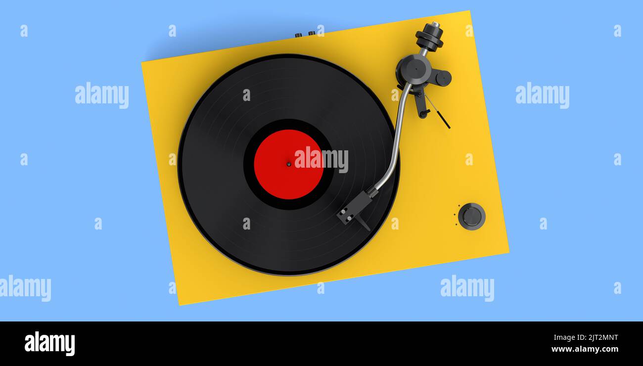 Vinyl record player or DJ turntable with retro vinyl disk on blue ...