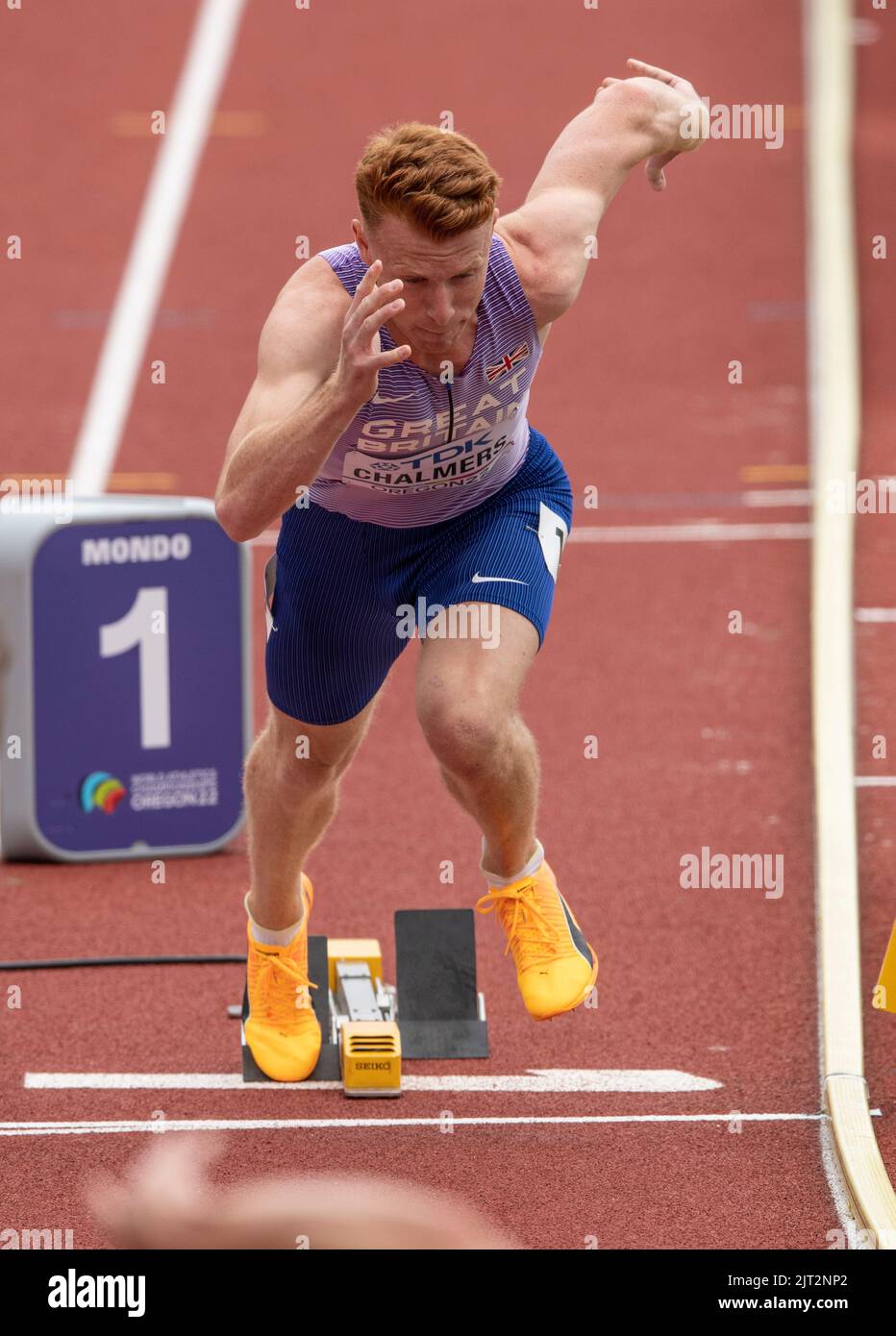 Alastair Chalmers of GB&NI competing in the men’s 400m hurdles heats at