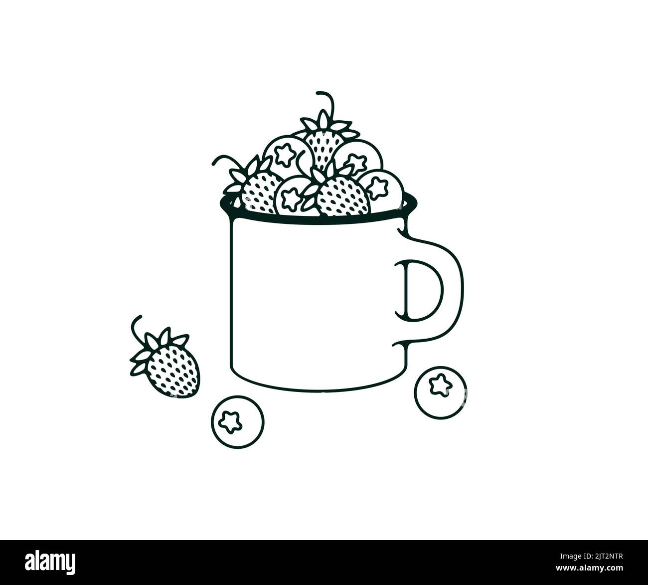 Enamel metal mug with wild strawberries and blueberry in outline, logo design. Strawberry, berry, fruit, food and meal, vector design and illustration Stock Vector