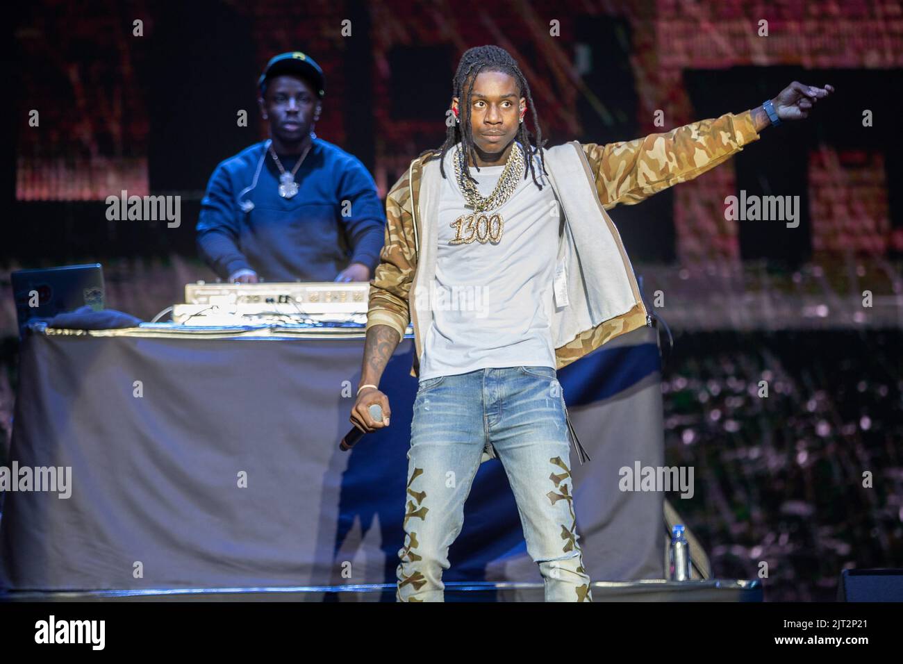 Leeds, UK. Saturday 27 August 2022.  Taurus Tremani Bartlett, known professionally as Polo G live on stage during day 2 of  Leeds Festival 2022.,© Jason Richardson / Alamy Live News Stock Photo