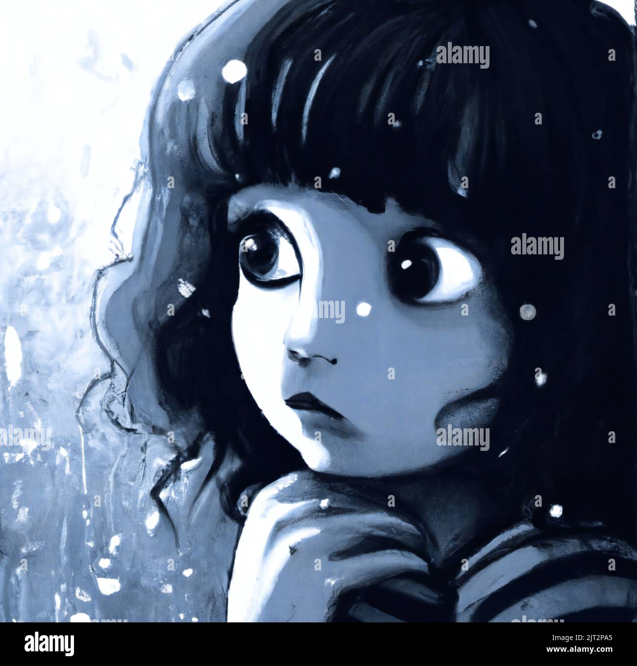 Digital art rendering of a young girl sitting alone in the cold winter. She  is scared, freezing, and feeling alone and helpless Stock Photo - Alamy