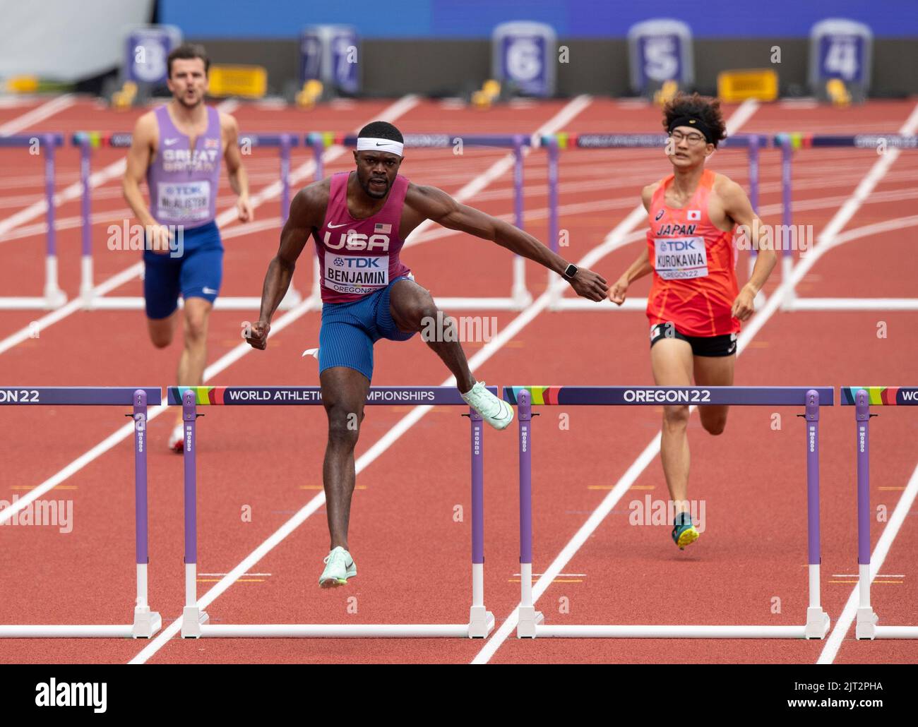 Rai Benjamin of the USA competing in the men’s 400m hurdles heats at