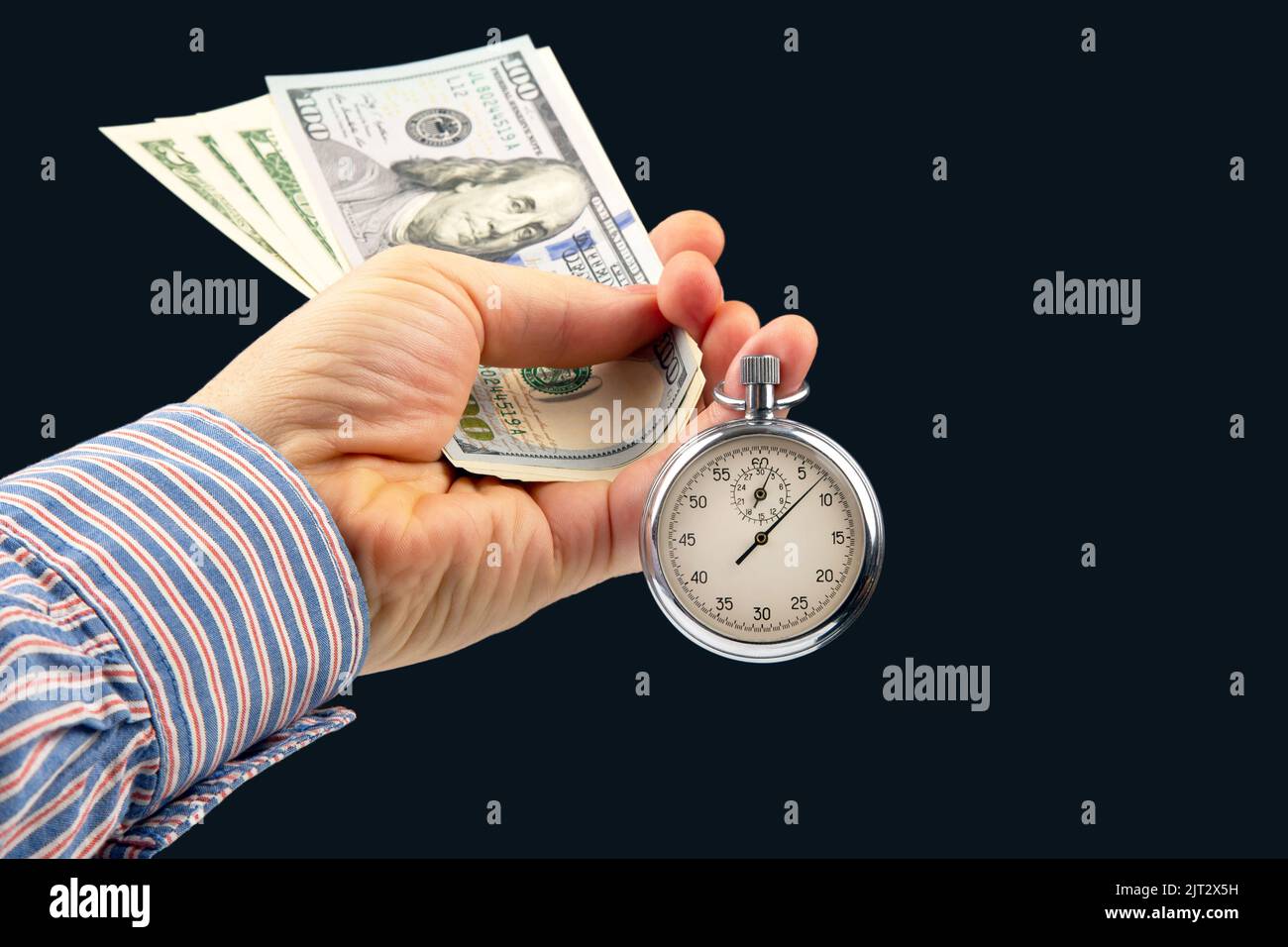 mechanical stopwatch and dollars in man hand. Part time accuracy for business. business and