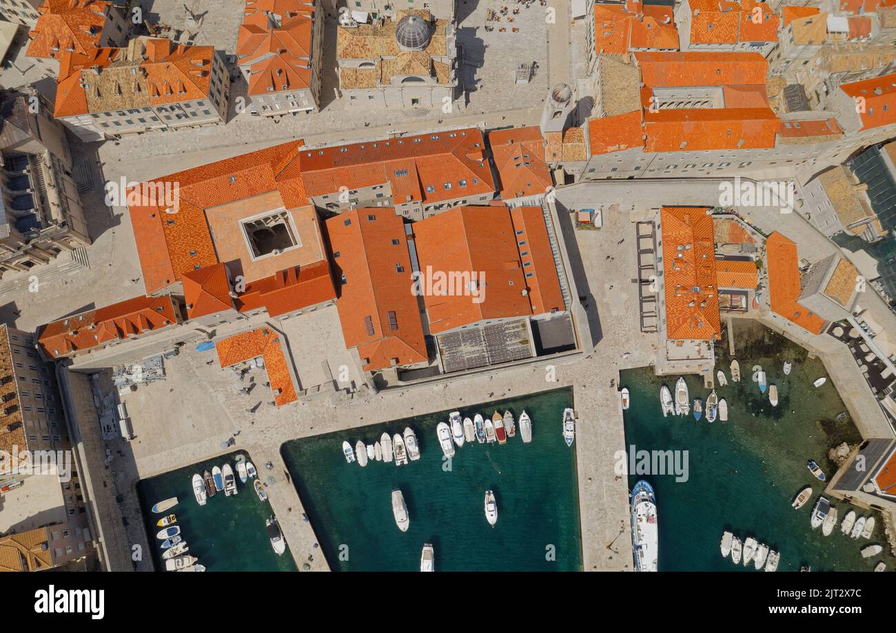 Dubrovnik old town harbor panorama drone shot Stock Photo