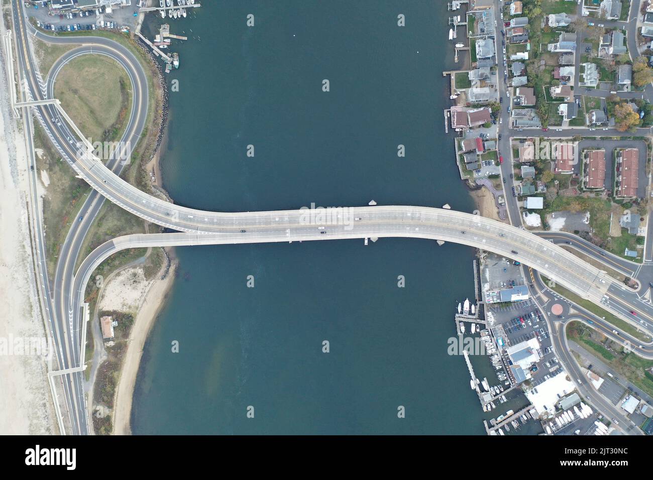 An aerial view of the HighlandsSea Bright Bridge over Shrewsbury River in New Jersey in