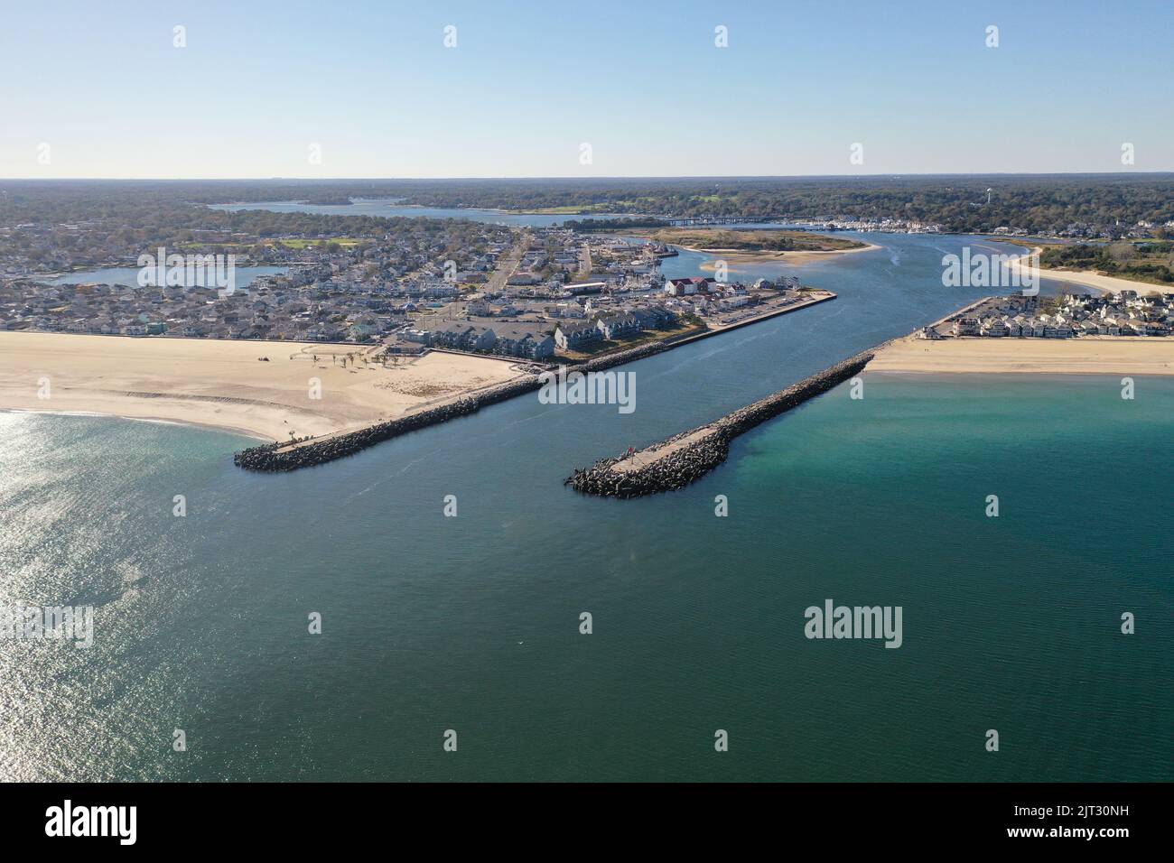 A drone shot of the Manasquan Inlet in New Jersey on a bright sunny day Stock Photo