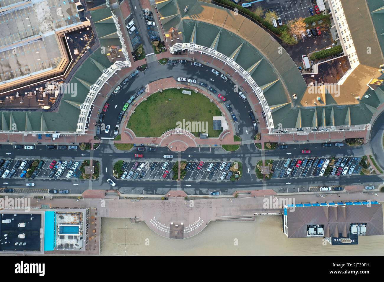 A drone shot of the Pier Village oceanfront neighborhood in Long Branch, New Jersey Stock Photo