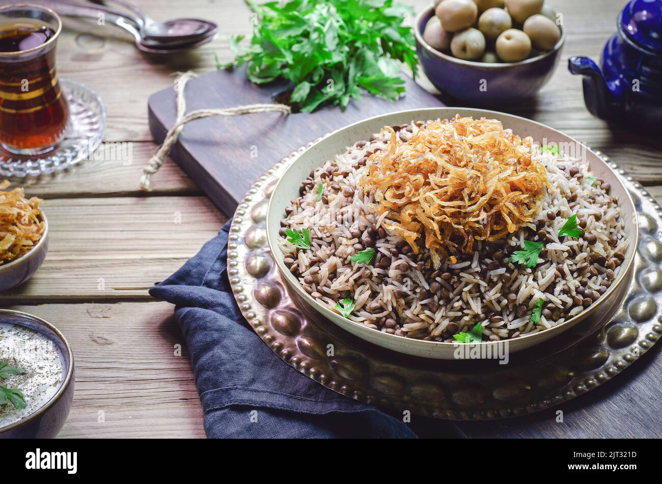 Arabic cuisine; Traditional oriental dish "Mujadara" or Mudardara". It