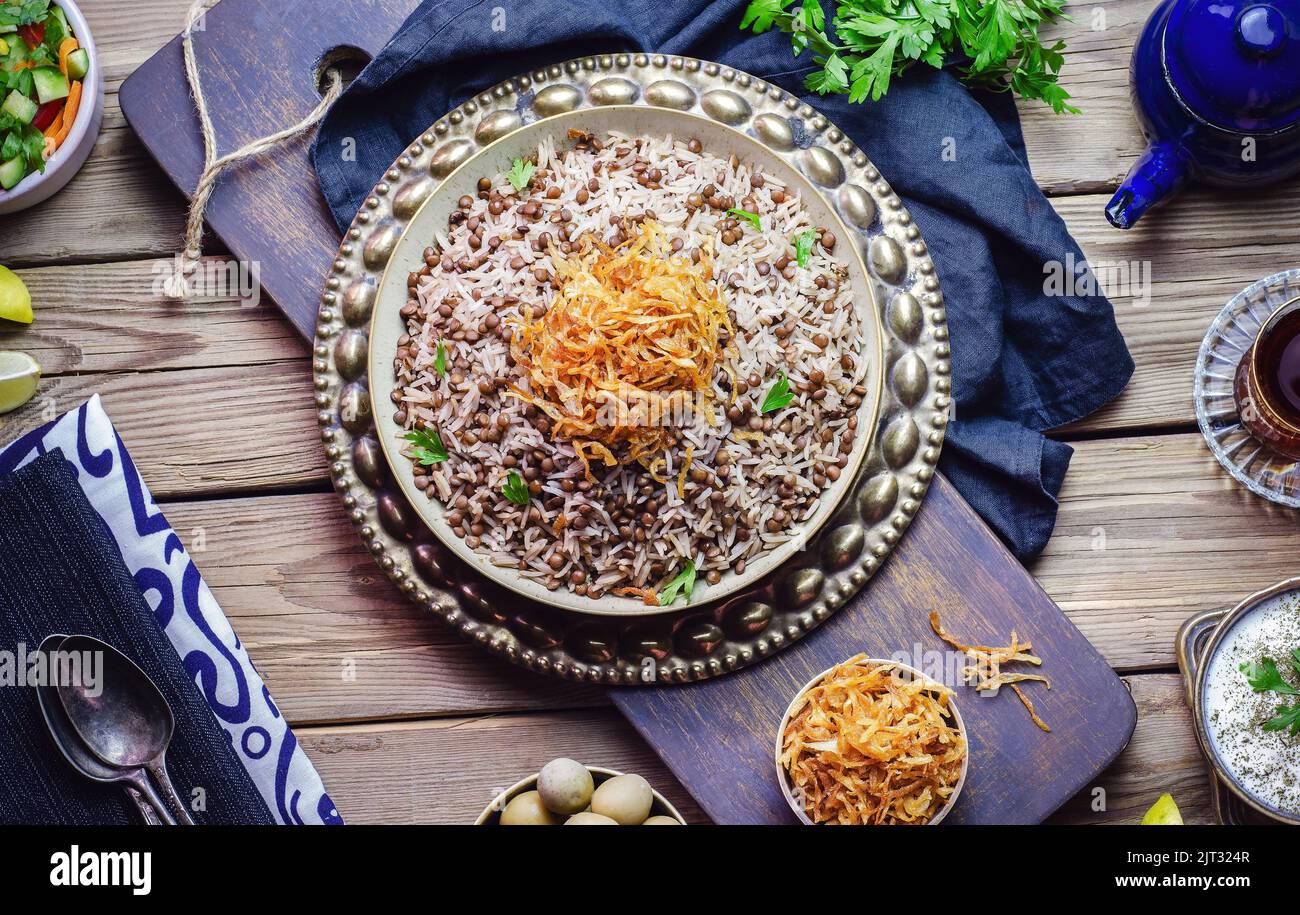 Arabic cuisine; Traditional oriental dish "Mujadara" or Mudardara". It
