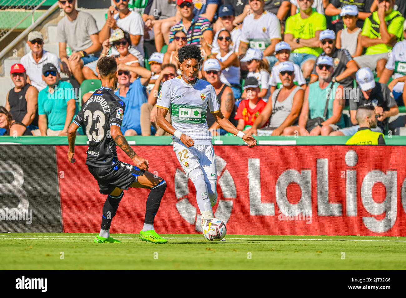 ELCHE, SPAIN - AUGUST 27: Johan Mojica of Elche CF and Brais Mendez of Real Sociedad during the match between Elche CF and Real Sociedad de Futbol of La Liga Santander on August 27, 2022 at Martínez Valero in Elche, Spain. (Photo by Samuel Carreño/ PX Images) Stock Photo