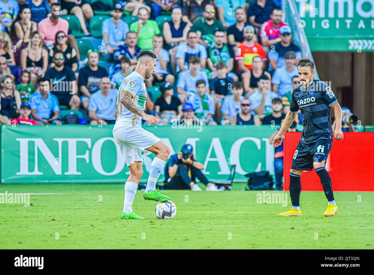 ELCHE, SPAIN - AUGUST 27:Tete Morente of Elche CF and Andoni Gorosabel of Real Sociedad during the match between Elche CF and Real Sociedad de Futbol of La Liga Santander on August 27, 2022 at Martínez Valero in Elche, Spain. (Photo by Samuel Carreño/ PX Images) Stock Photo