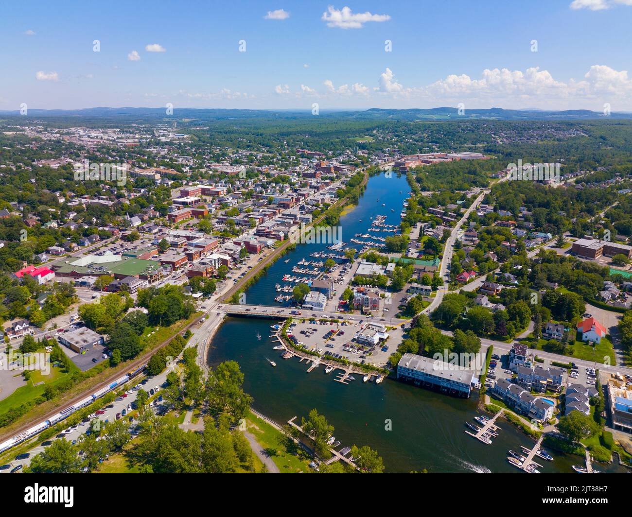 Magog city aerial view at the mouth of Magog River to Lake Memphremagog