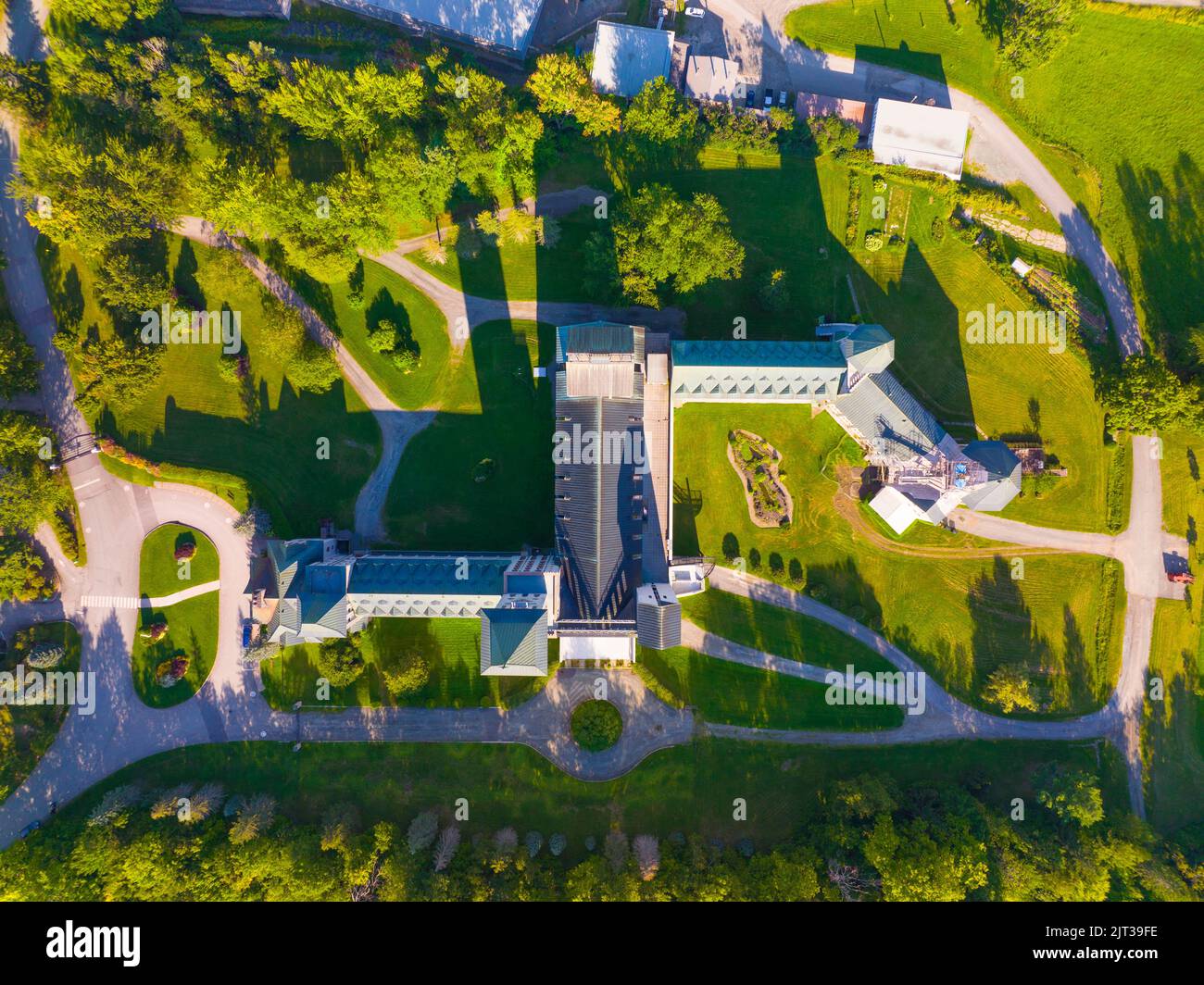 Abbaye de Saint Benoit du Lac top view on the Lake Memphremagog in