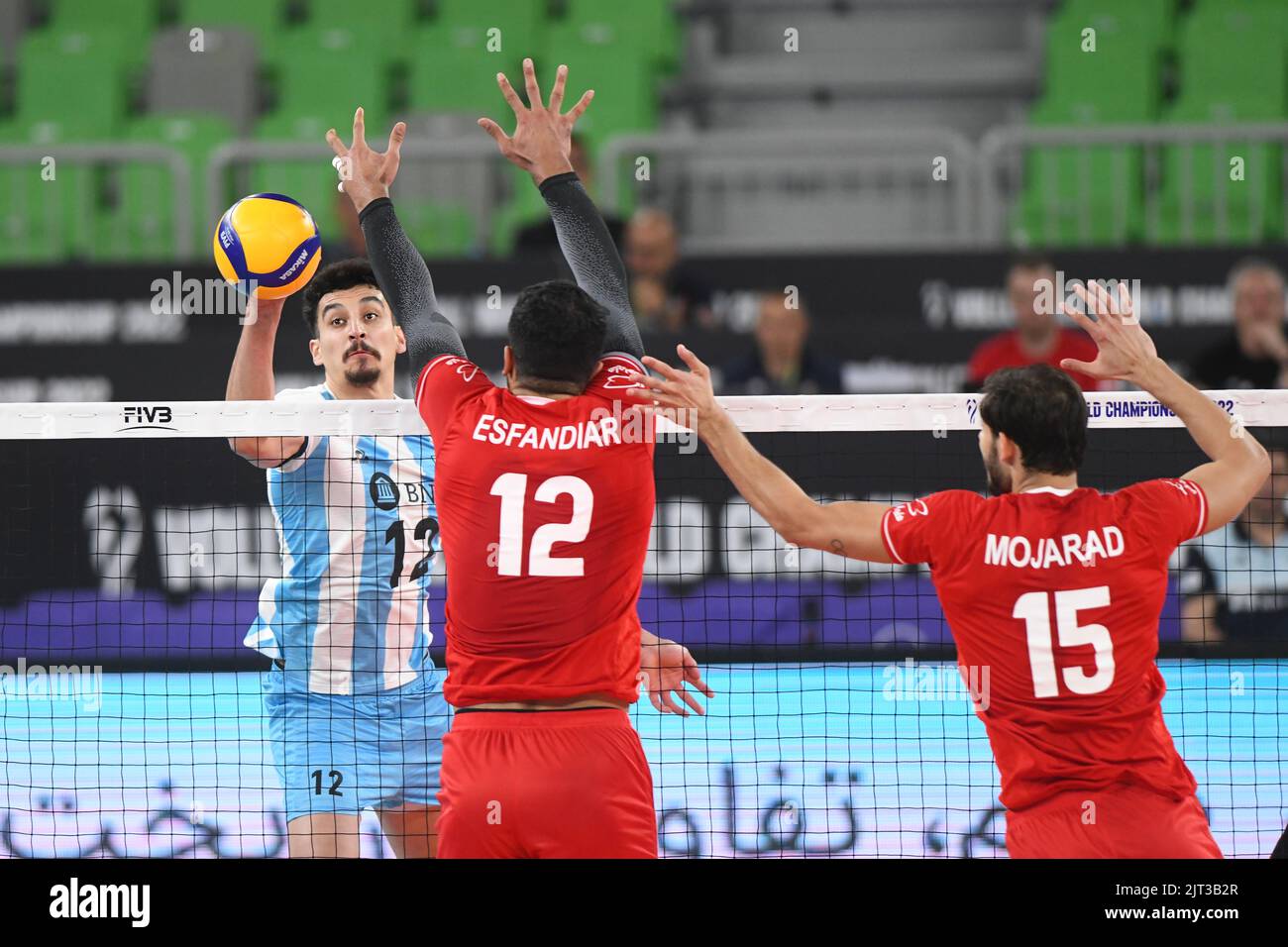 Bruno Lima (Argentina), Amirhossein Esfandiar, Aliasghar Mojarad (Iran). Volleyball World Championship 2022. Stock Photo