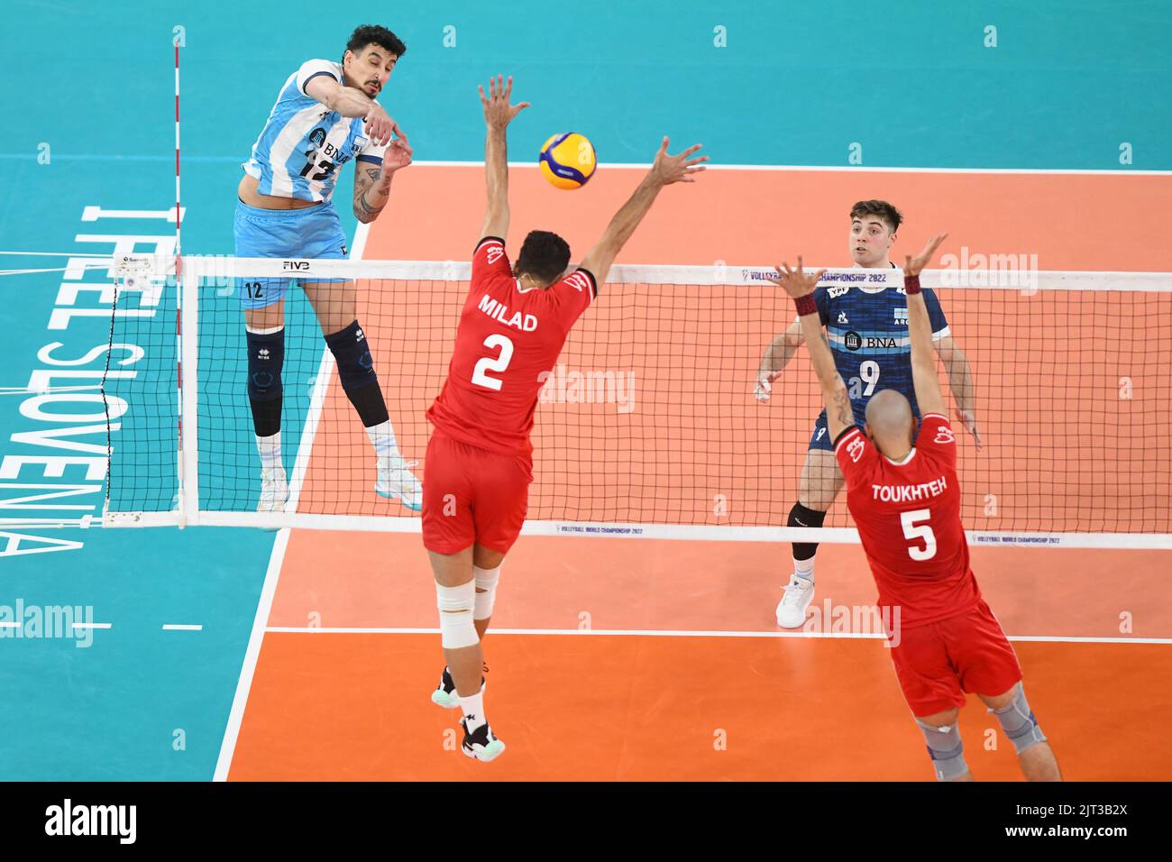 Bruno Lima (Argentina), Milad Ebadipour, Amir Toukhteh (Iran). Volleyball World Championship 2022. Stock Photo