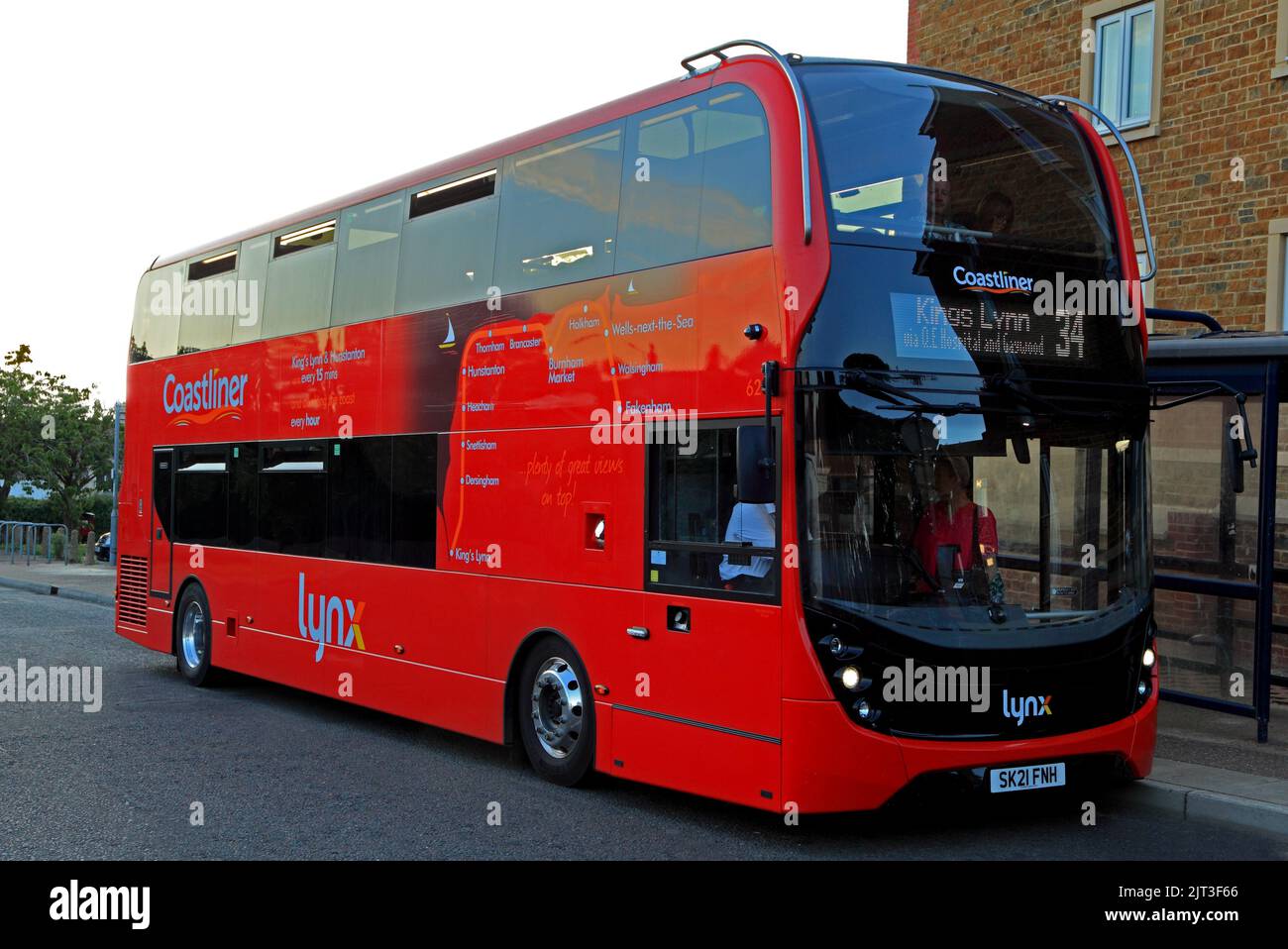 Coastliner, red bus, lynx, public transport, North Norfolk coast, Hunstanton, Norfolk, England Stock Photo