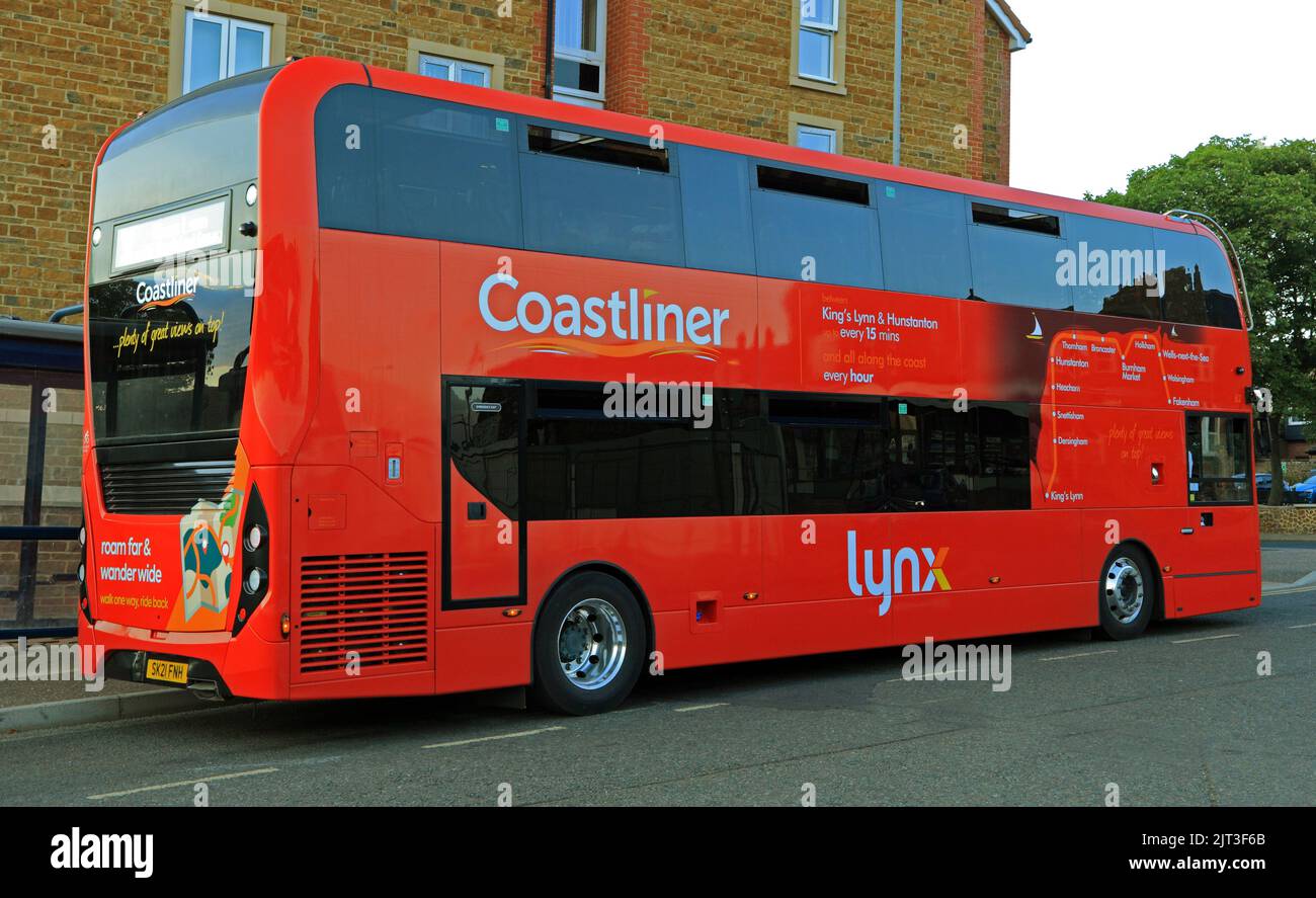 Coastliner, red bus, lynx, public transport, North Norfolk coast, Hunstanton, Norfolk, England Stock Photo