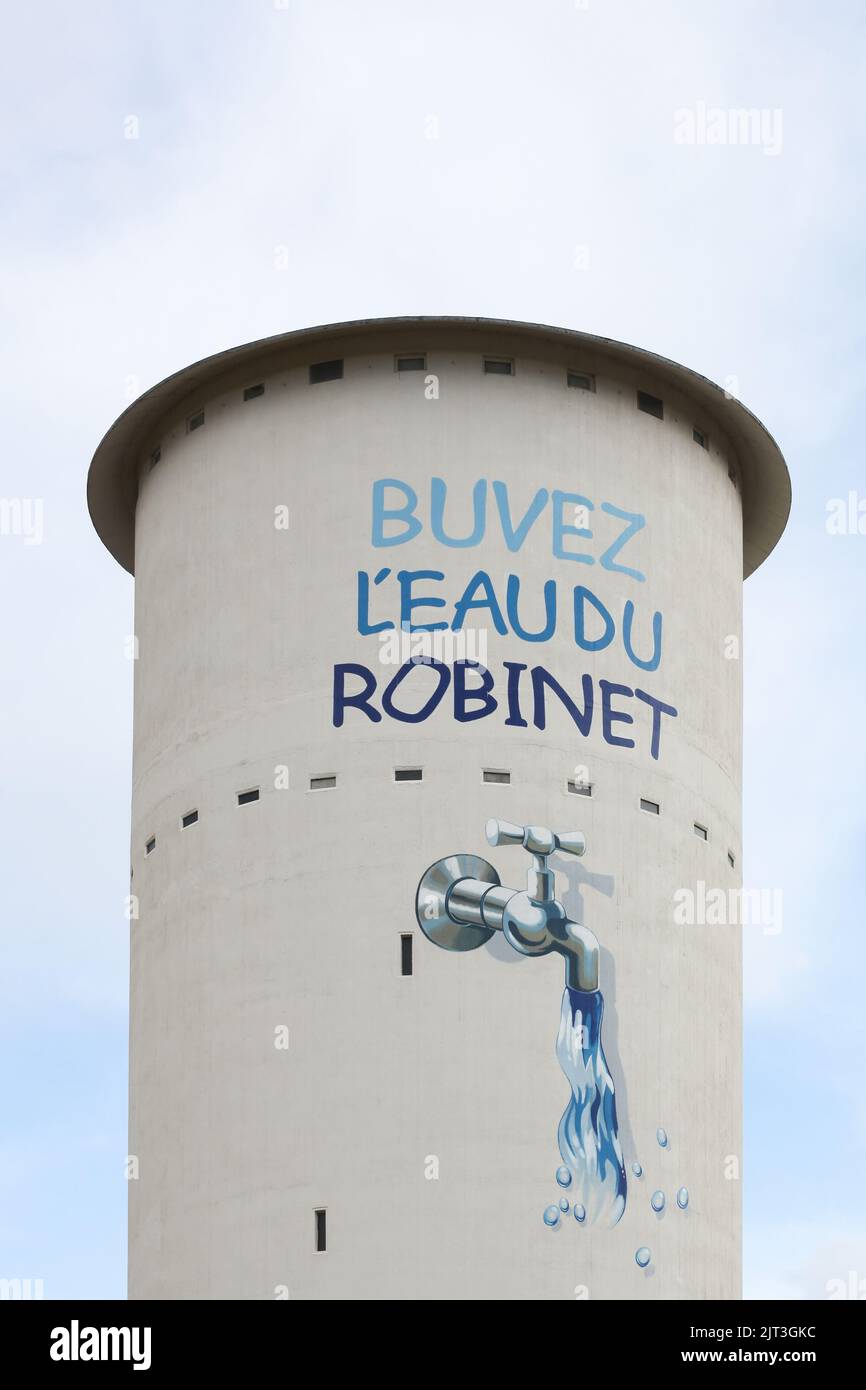 Viriat, France - September 26, 2020: Water tower in Viriat with the slogan drink the tap water,  Bresse, France Stock Photo