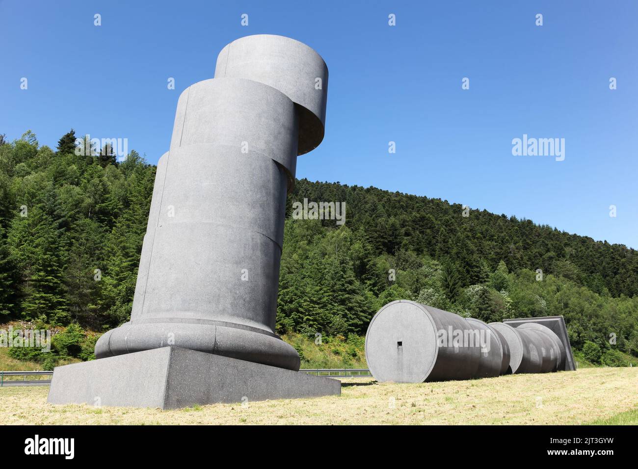 Les Salles, France - June 23, 2016: The broken Column is a monumental sculpture representing a collapsed 40-meter column in Les Salles, France Stock Photo