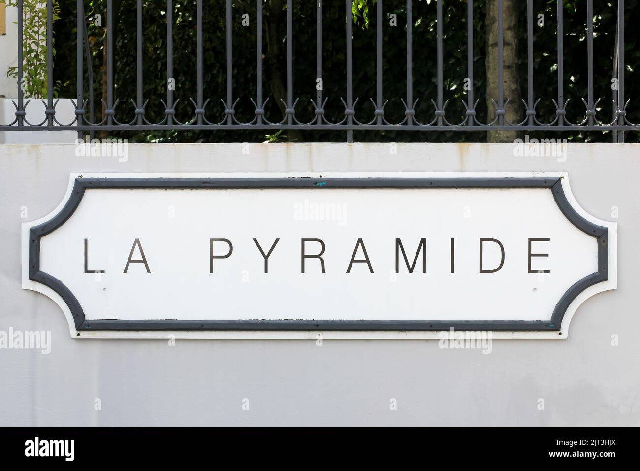 Vienne, France - June 7, 2020: La Pyramide sign on a wall. Restaurant La Pyramide is a Michelin guide 2-star restaurant located in Vienne, France Stock Photo