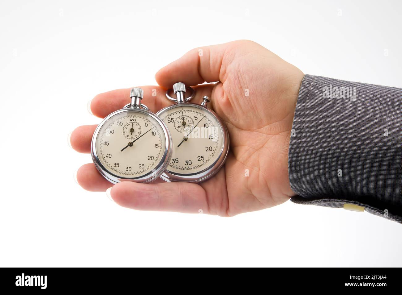 Two mechanical stopwatches in a male hand. Time part precision