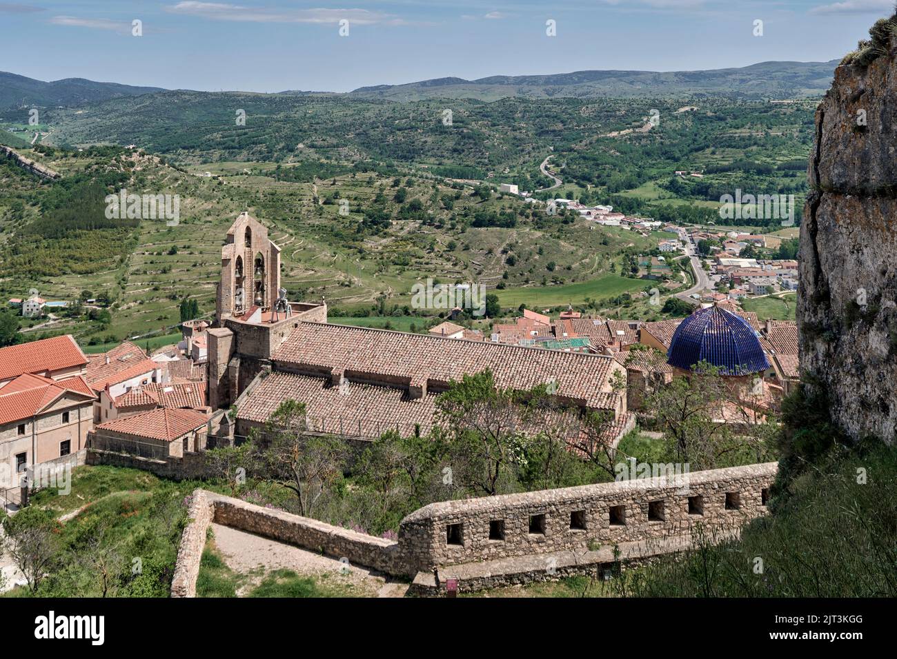 aerial view of the Archpriest Church of Santa María la Mayor, Morella, Castellón, Valencian Community, Spain, Europe Stock Photo
