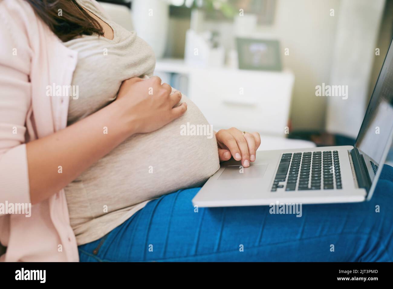 Blogging with a baby bump. an unrecognizable young pregnant woman working from home. Stock Photo