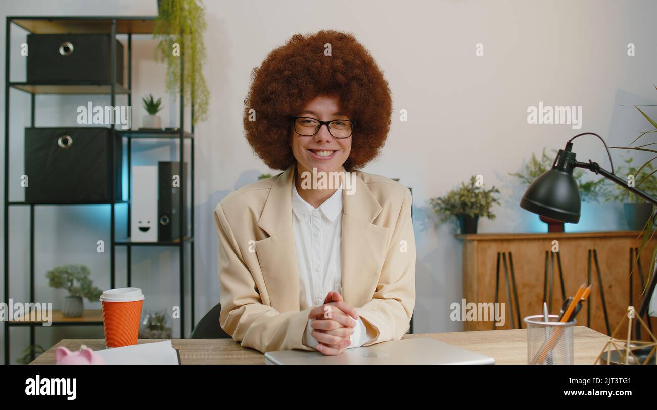 Businesswoman closing laptop pc computer after finishing work at home ...