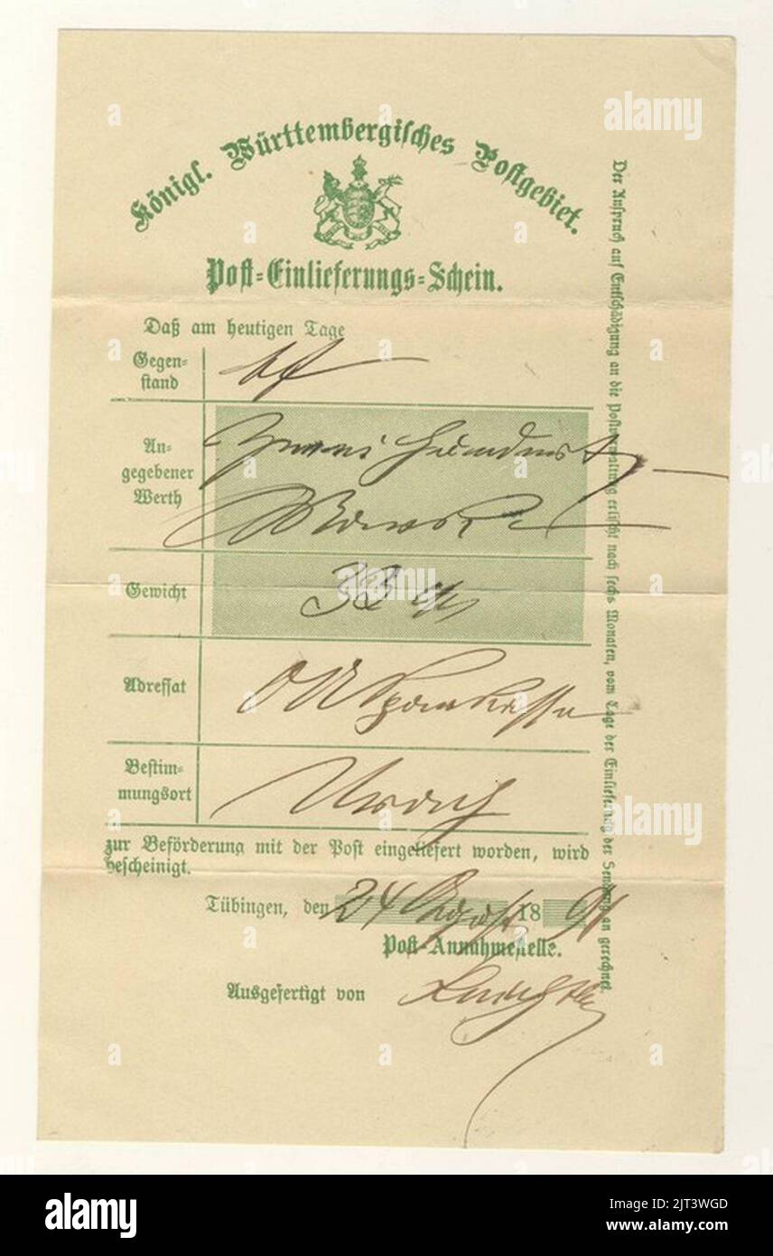 Tübingen, Post-Einlieferungsschein 1891, Königlich Württembergisches Postgebiet. Stock Photo