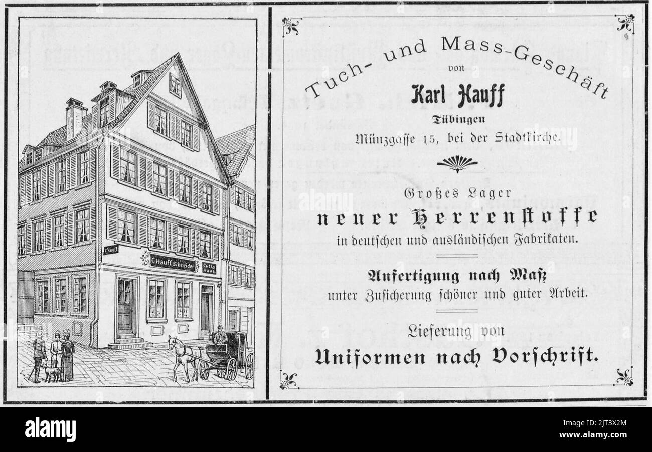 Tuch- und Maßgeschäft Karl Hauff Münzgasse 15 (Anzeige 1899 TüBl02-B08A). Stock Photo